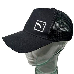 PUMA Snap Back Mesh Trucker Baseball Hat Cap Black OSFA Embroidered Logo